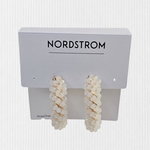 Nordstrom Beaded Huggie Hoop Earrings White and Gold NWT Women Jewelry - Picture 2 of 7